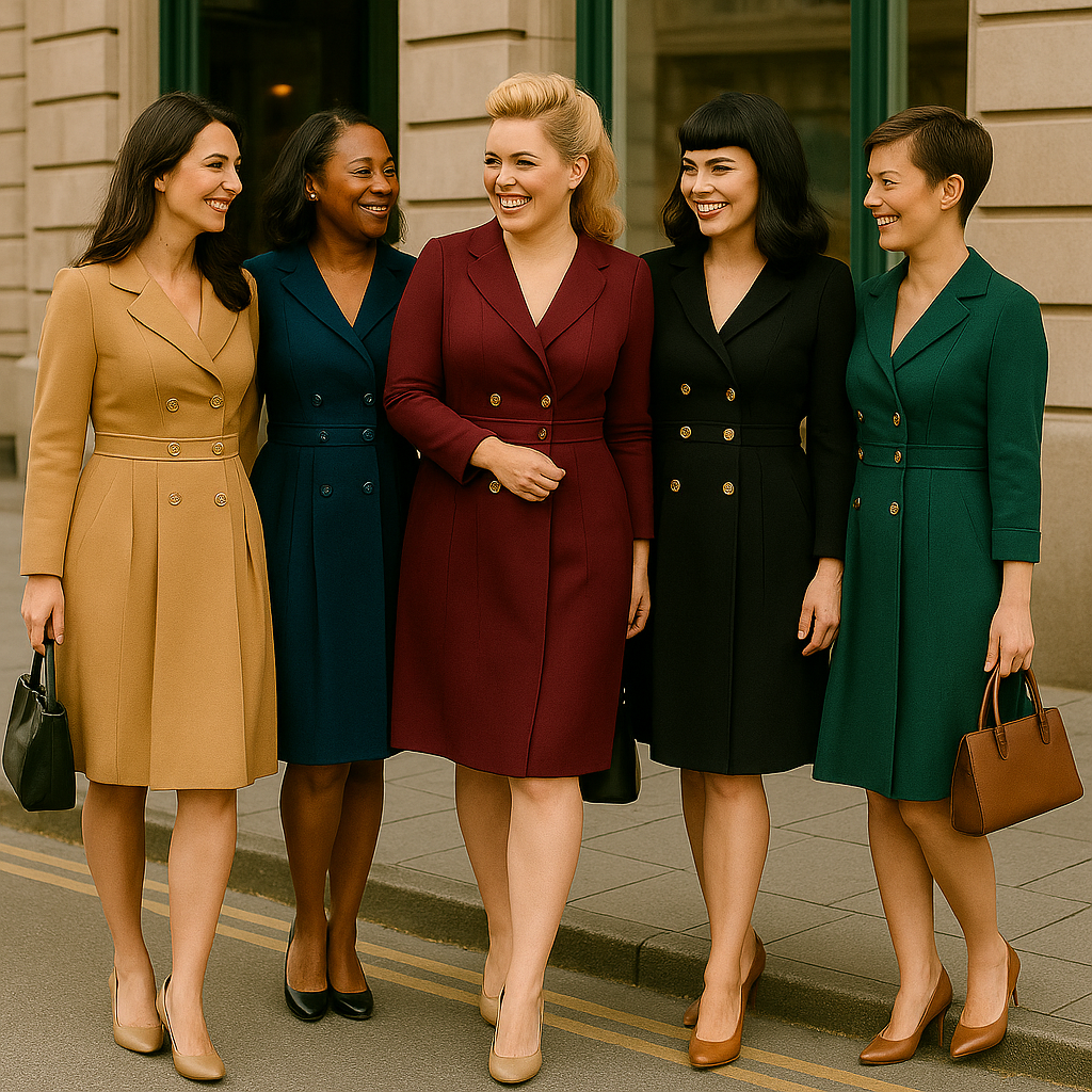 Group of women wearing Grace Karin double breasted trench coats in various colors, showcasing timeless autumn fashion.