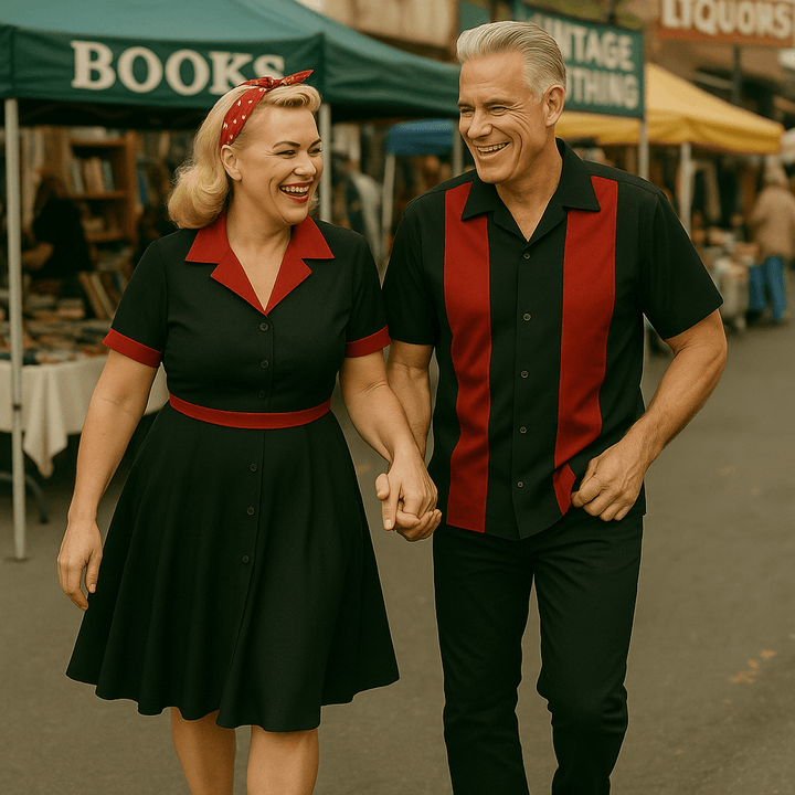 Couple in vintage 1950s diner outfits, walking hand in hand, showcasing retro style and charm.