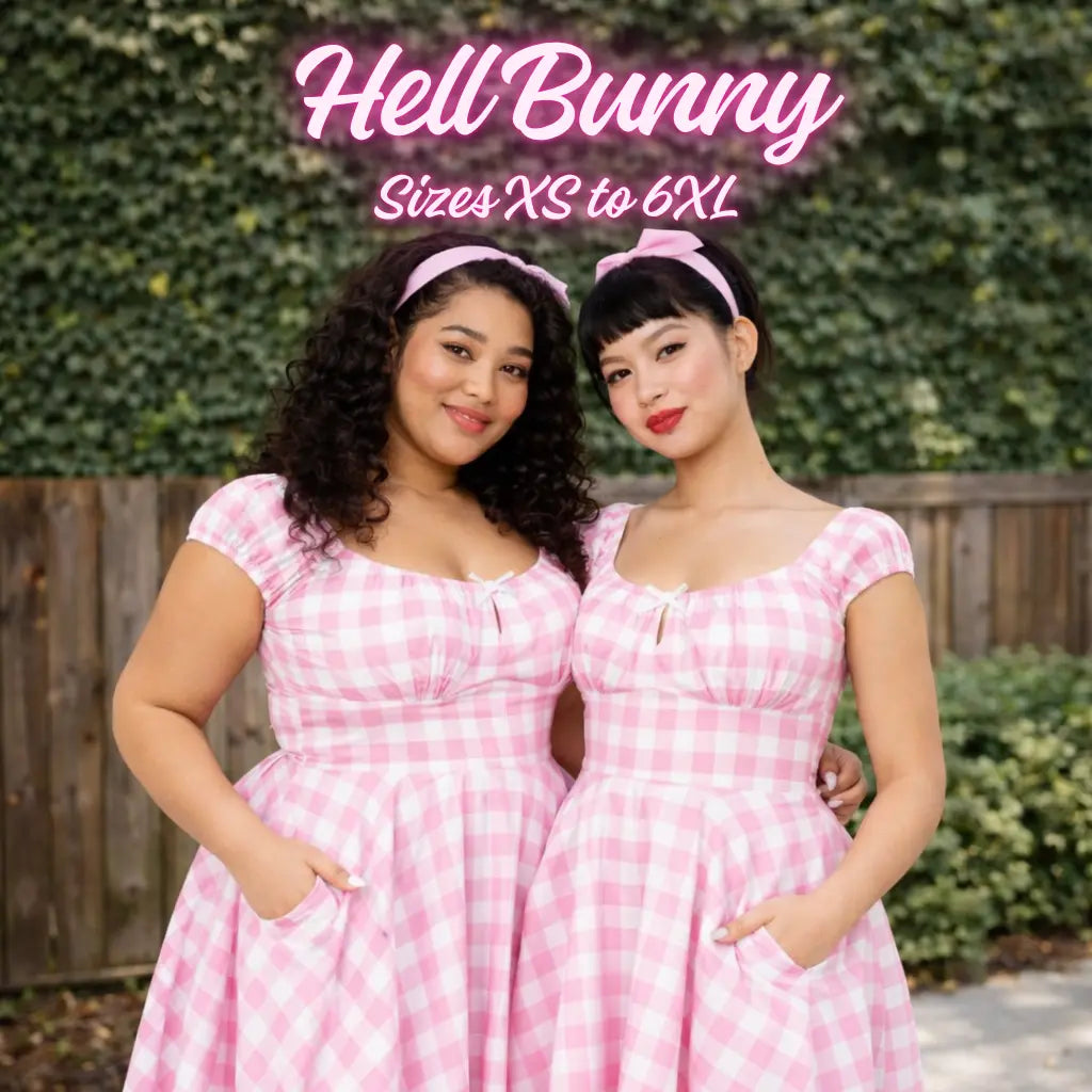 Hell Bunny dresses Australia in sizes XS to 6XL, featuring pink gingham vintage-style swing dresses with pockets for retro and rockabilly fashion lovers