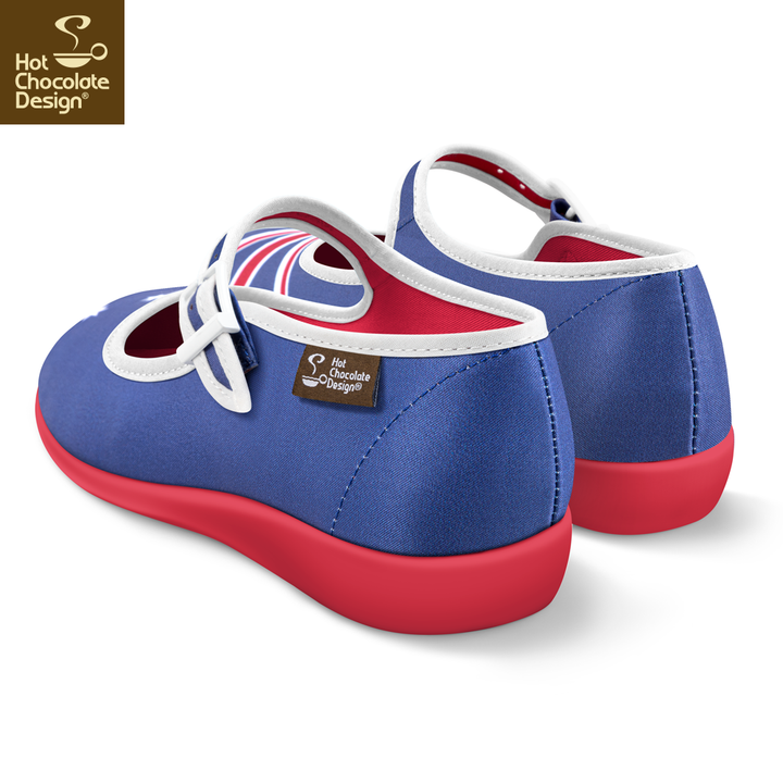 Hot Chocolate Design Australian Flag mary jane shoes with a soft canvas upper and synthetic rubber sole.