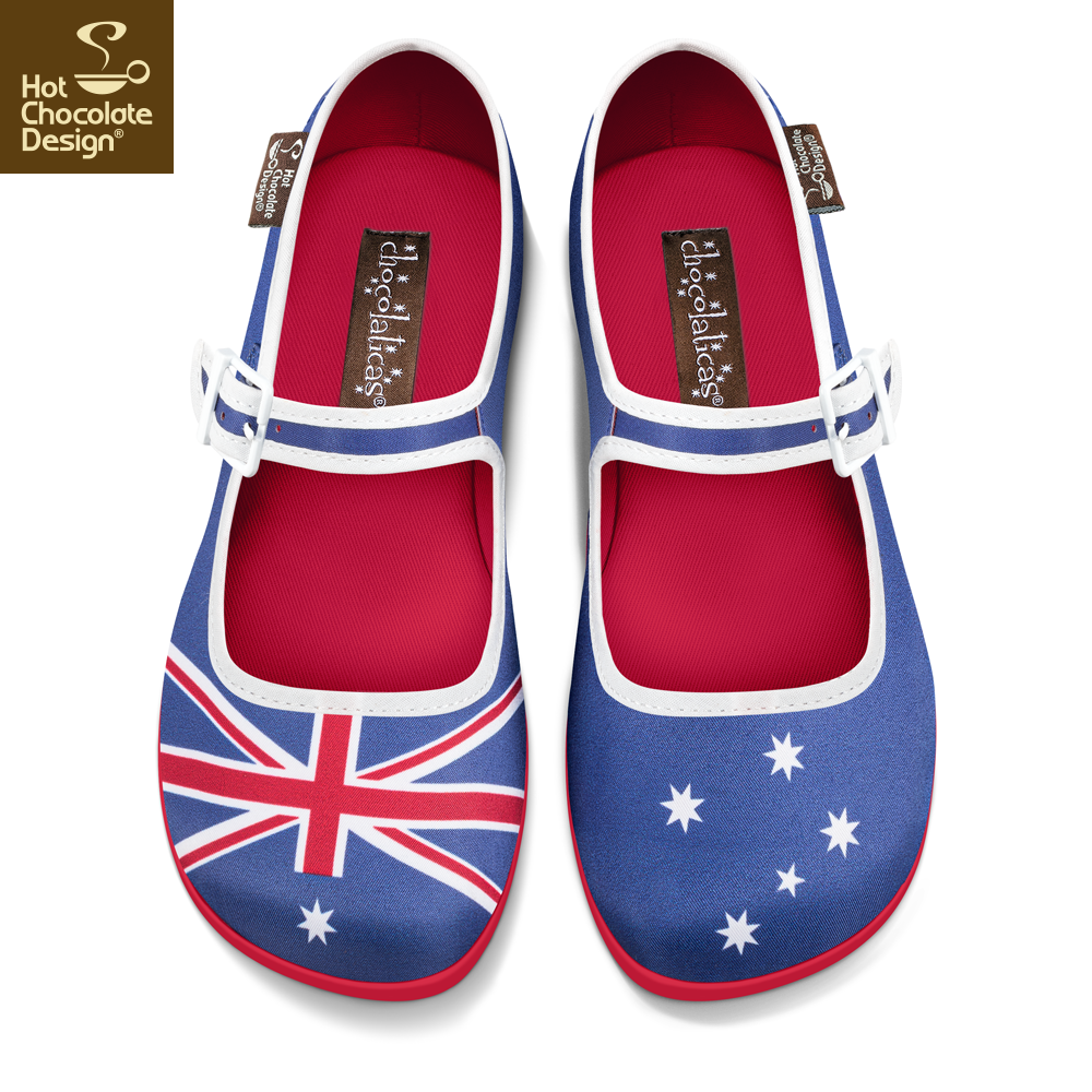 Hot Chocolate Design Australian Flag mary jane shoes with Australian flag print and red lining.