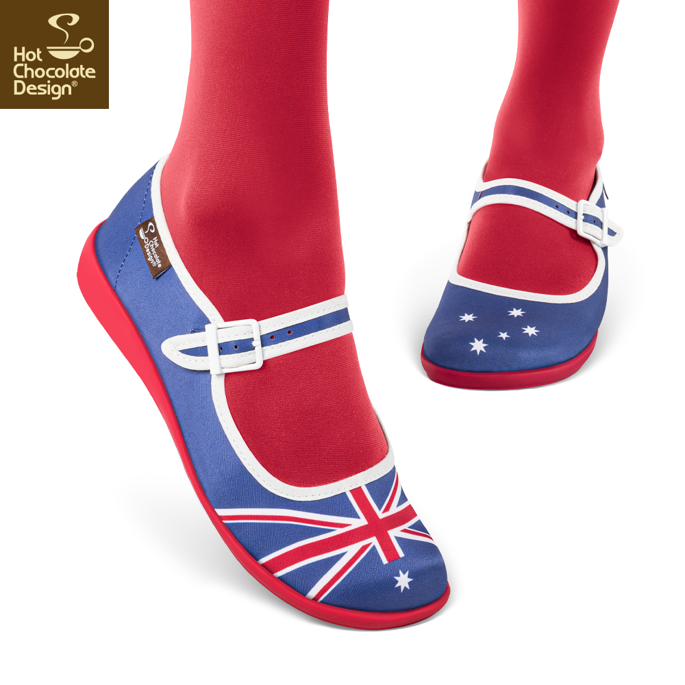 Hot Chocolate Design Australian Flag mary jane shoes worn with red tights, showcasing a quirky and vibrant design.