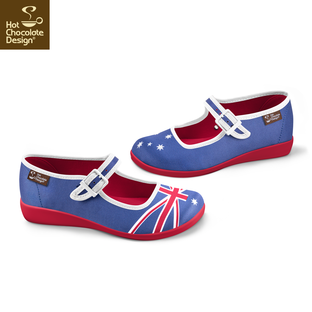 Hot Chocolate Design Australian Flag mary jane shoes in blue canvas with red sole, featuring Australian flag design.