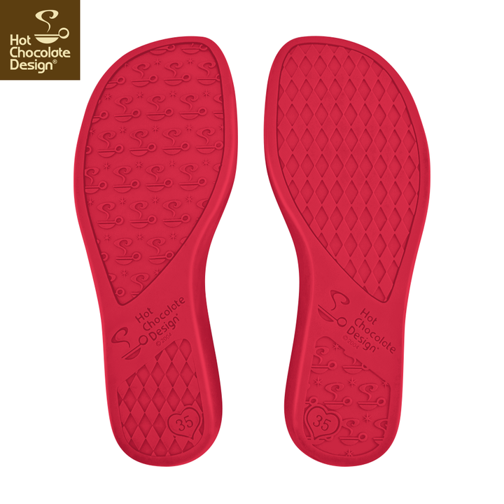 Hot Chocolate Design Australian Flag rubber sole of quirky ladies shoes in vibrant red color.