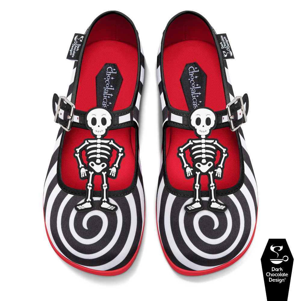 Hot Chocolate Design - Crazy Bones shoes with black-and-white spirals and skeletons, perfect for Halloween vibes.