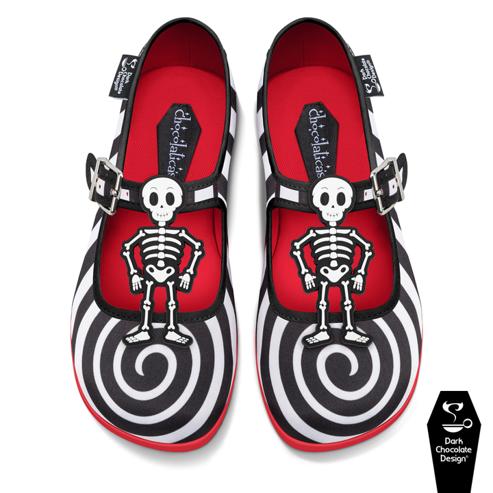 Hot Chocolate Design - Crazy Bones shoes with black-and-white spirals and skeletons, perfect for Halloween vibes.