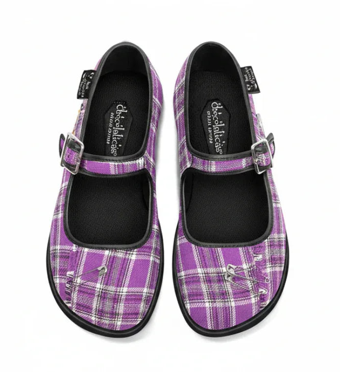 Hot Chocolate Design Purple Tartan Mary Jane shoes with punk tartan fabric and real safety pin details