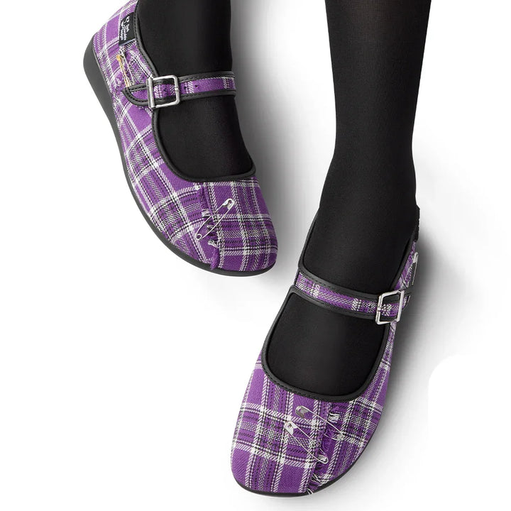 Purple plaid shoes with buckles on a white background
