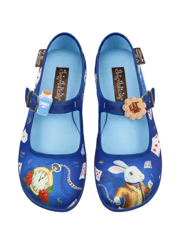 Hot Chocolate Design Rabbit’s Hole Mary Jane shoes with Alice in Wonderland inspired blue canvas print and removable accessories
