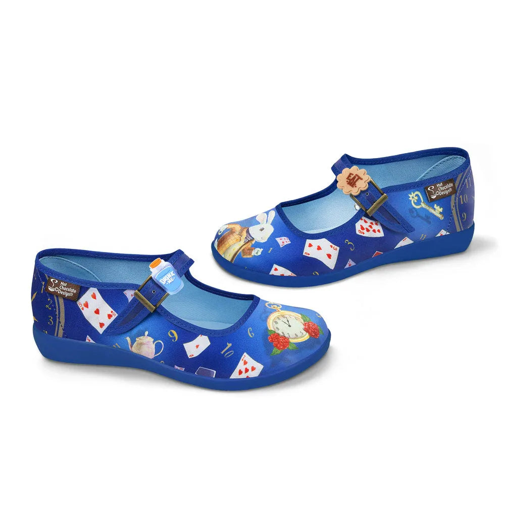 Hot Chocolate Design Rabbit’s Hole Mary Jane shoes featuring illustrated rabbit and clock print on blue canvas
