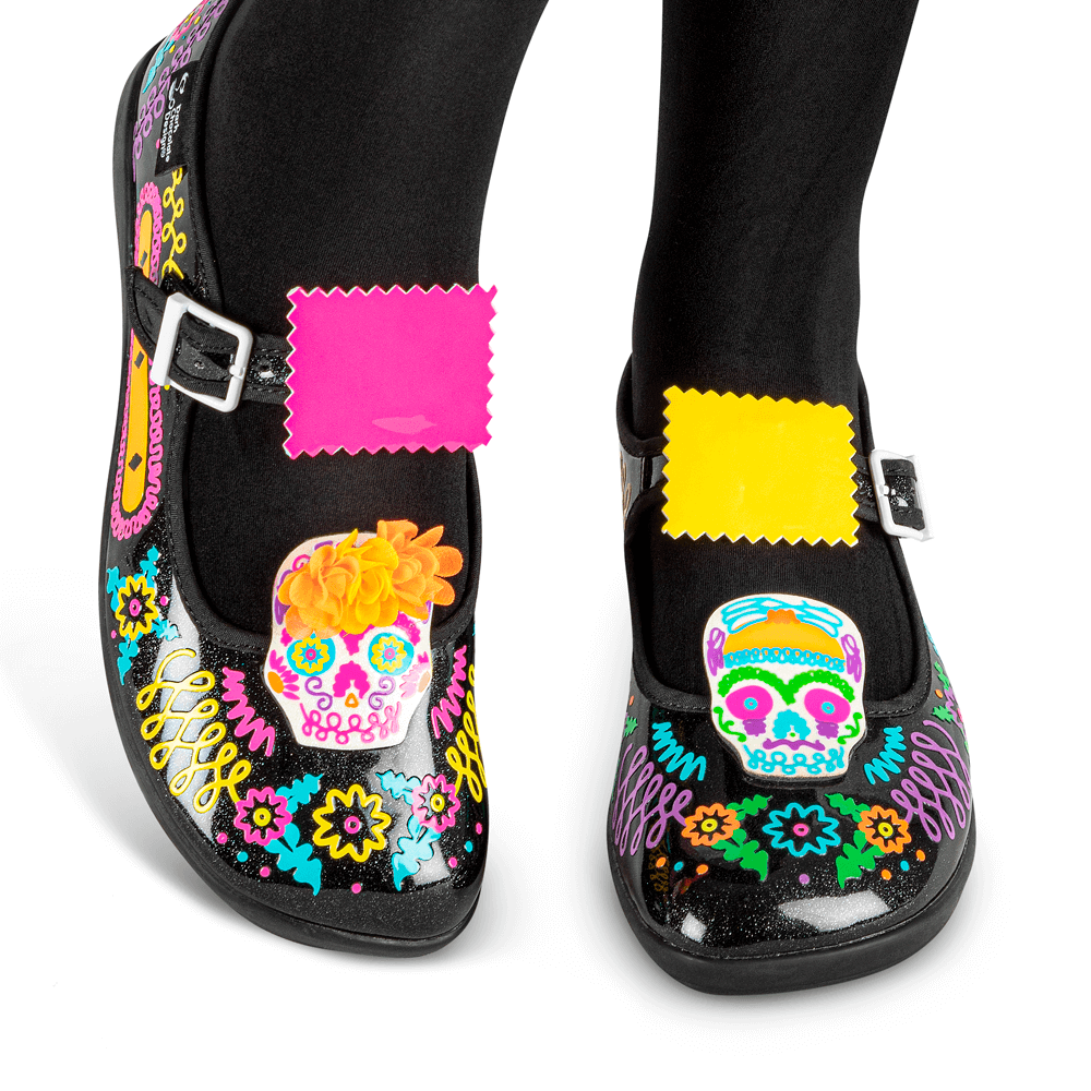 Hot Chocolate Design - Sugar Skull shoes featuring colorful skull designs and vibrant floral accents.