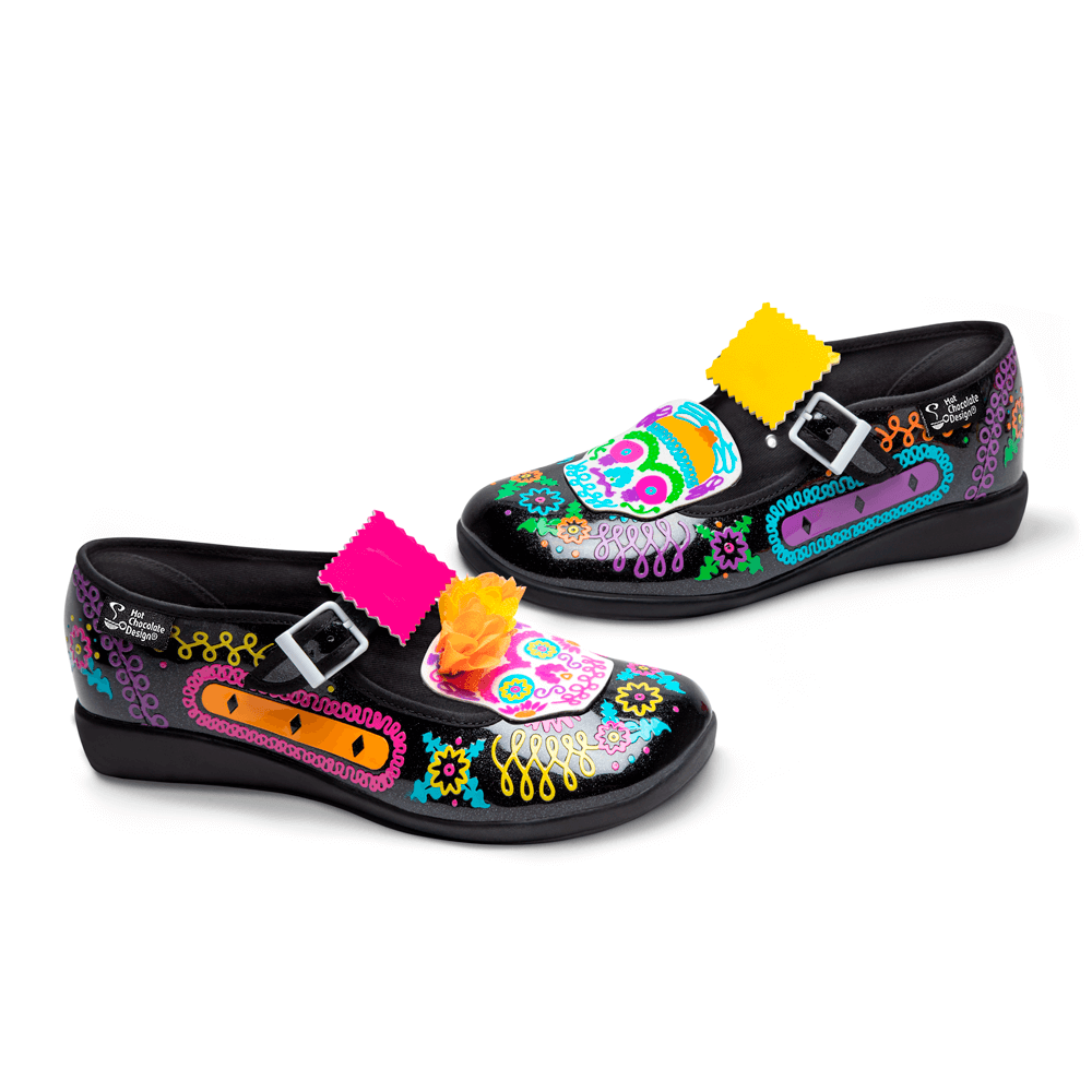 Hot Chocolate Design - Sugar Skull shoes featuring vibrant colors, intricate patterns, and a unique design.