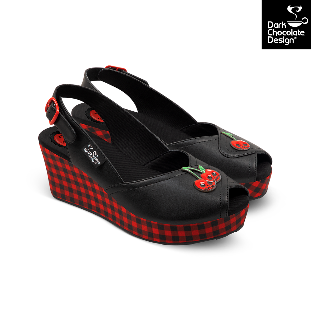 Hot Chocolate Design - Death Cherry Sandal showcasing black wedge sandals with cherry design and red checkered base.