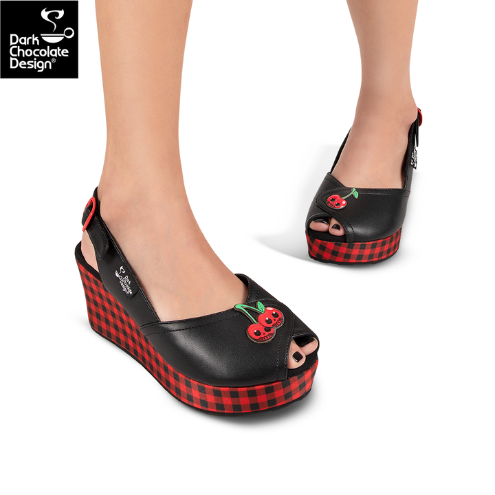 Hot Chocolate Design - Death Cherry Sandal in black with cherry details and plaid wedges.