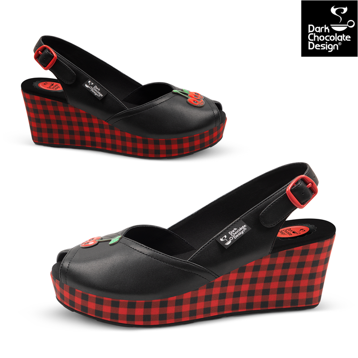 Hot Chocolate Design - Death Cherry Sandal featuring a black and red plaid wedge design.