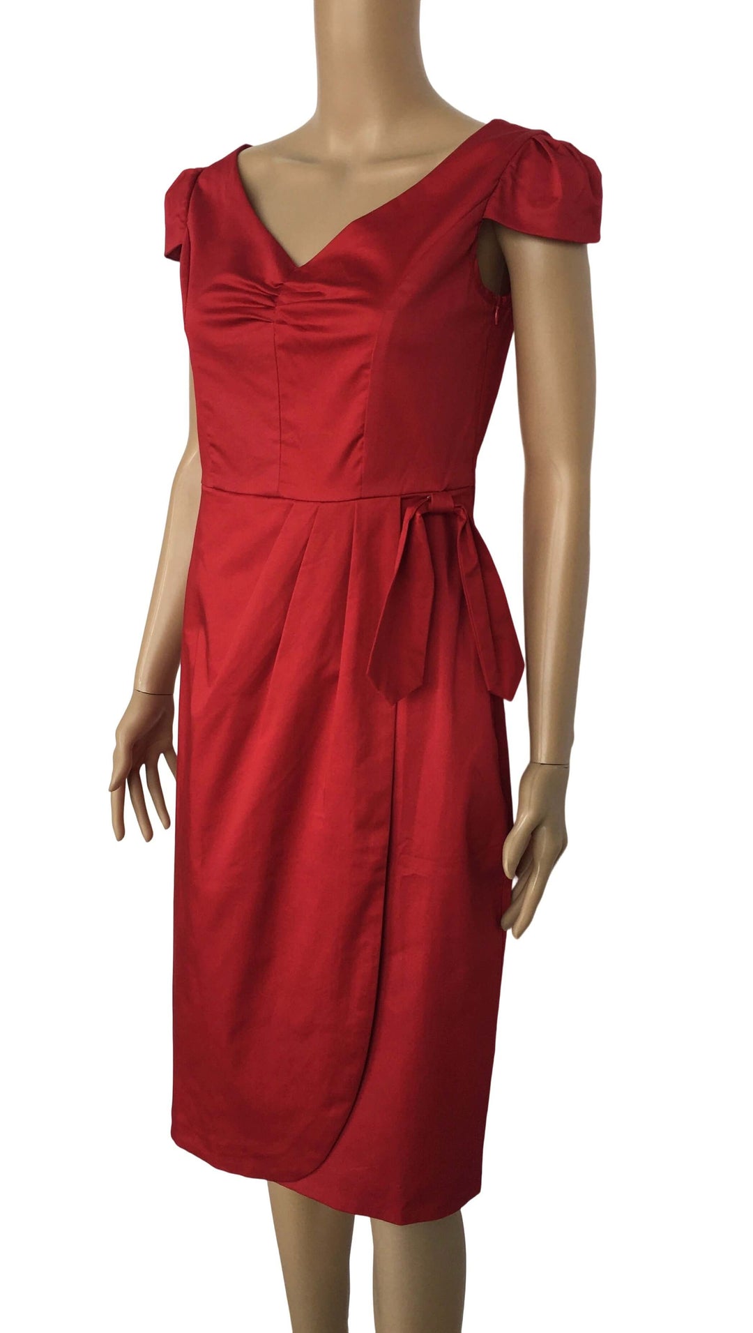Maisie Red Pencil Dress showcasing a vintage 1950s silhouette with a V-neck and bow-tied cap sleeves.