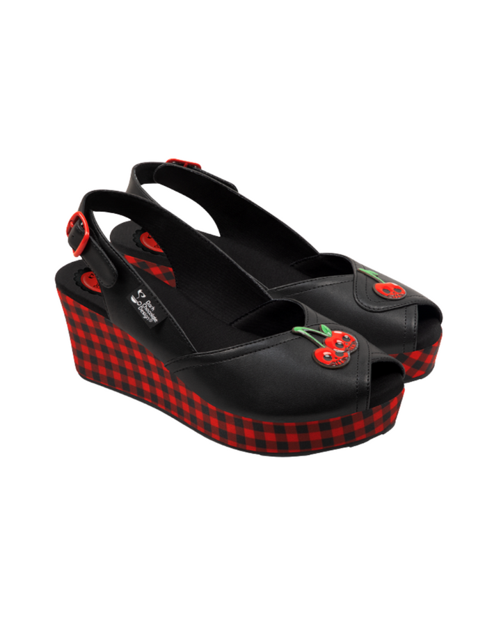 Hot Chocolate Design - Death Cherry Sandal, black wedge sandals with cherry design and red checkered pattern.