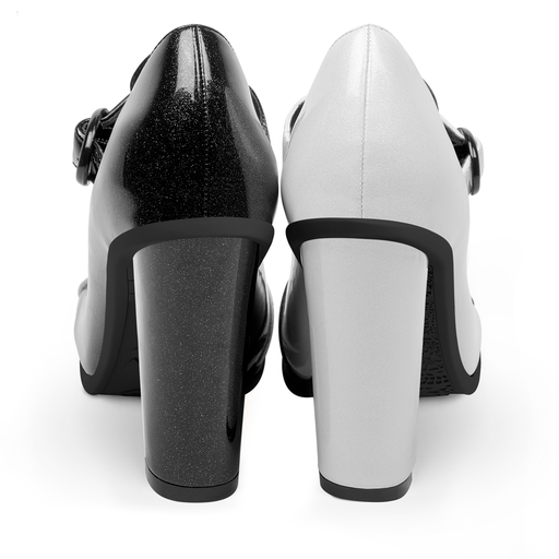 Hot Chocolate Design Black Swan High Heels showcasing contrasting black and white patent finishes and stylish block heels.