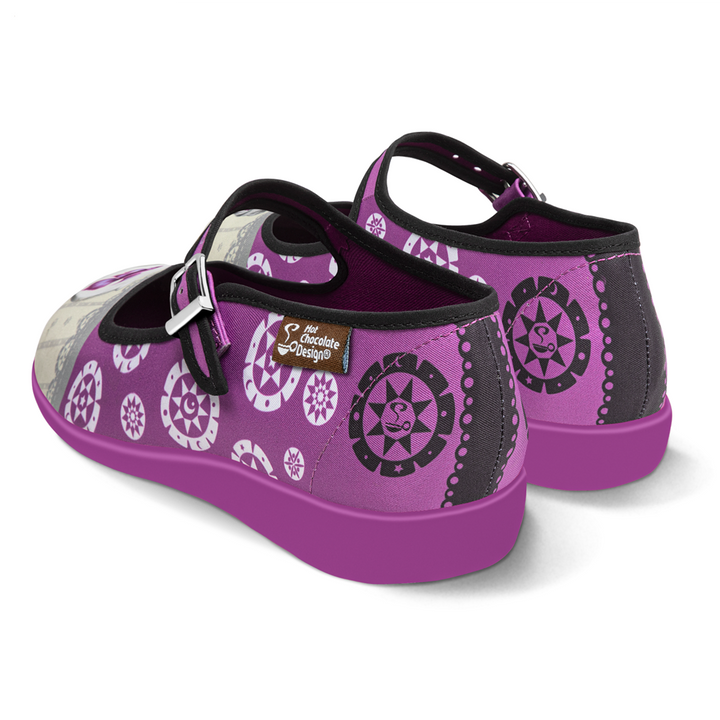Hot Chocolate Design Elvira & Ophelia mary jane flats in purple with unique print on premium canvas.