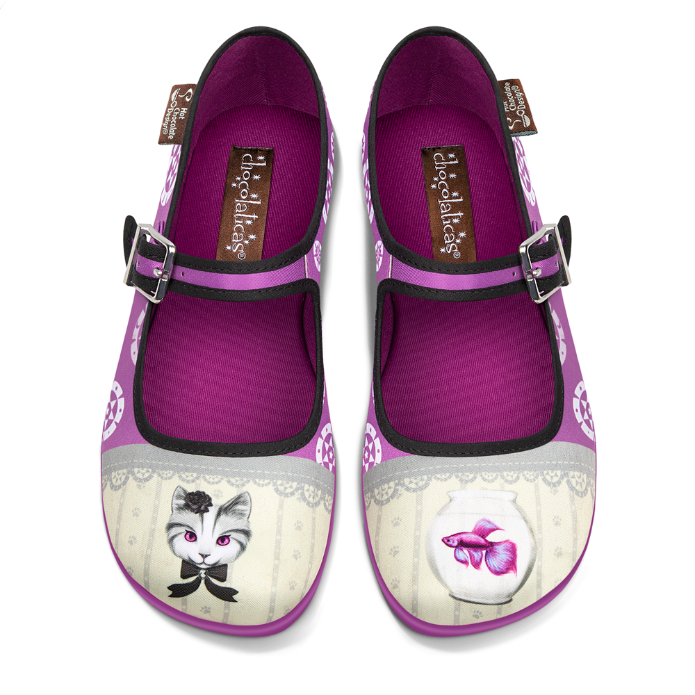 Hot Chocolate Design Elvira & Ophelia mary jane flats in purple with cat and butterfly print.