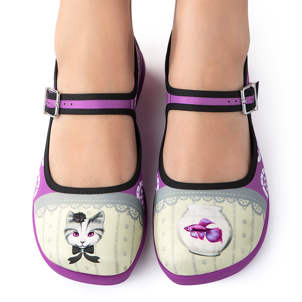 Hot Chocolate Design Elvira & Ophelia mary jane flats featuring cat and fish prints on printed canvas.