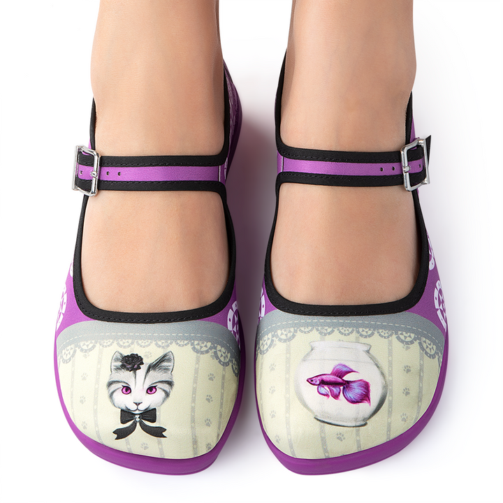 Hot Chocolate Design Elvira & Ophelia mary jane flats featuring cat and fish prints on printed canvas.