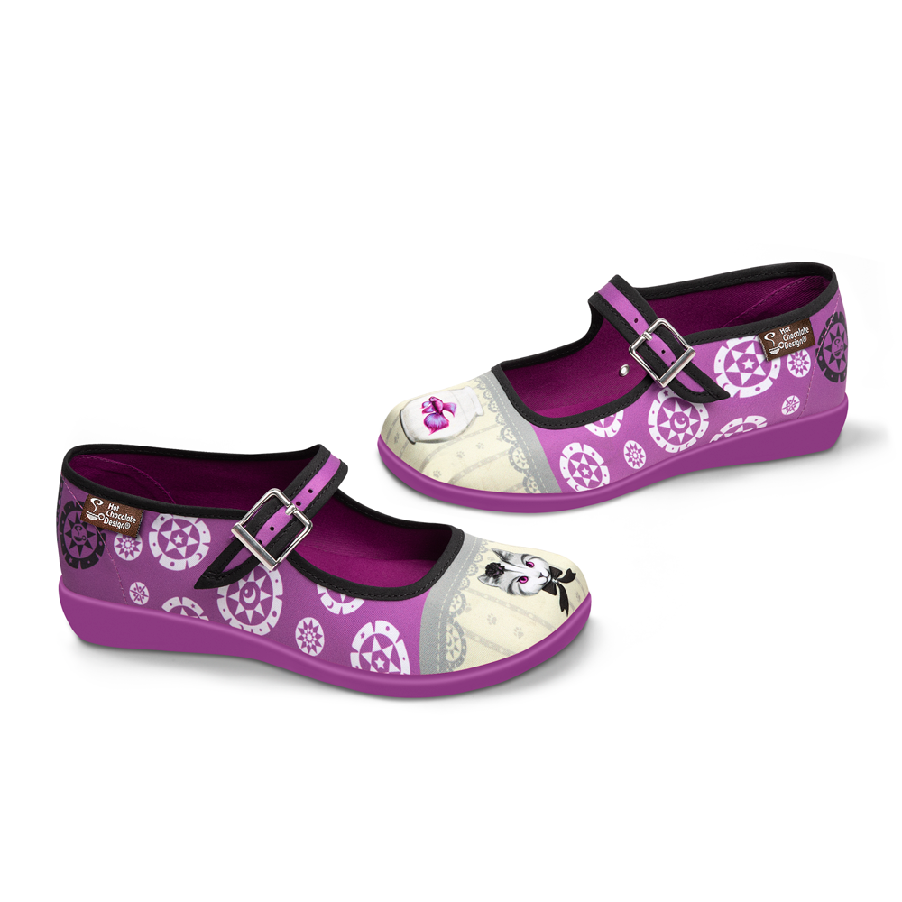 Hot Chocolate Design Elvira & Ophelia mary jane flats in purple canvas with buckle details.