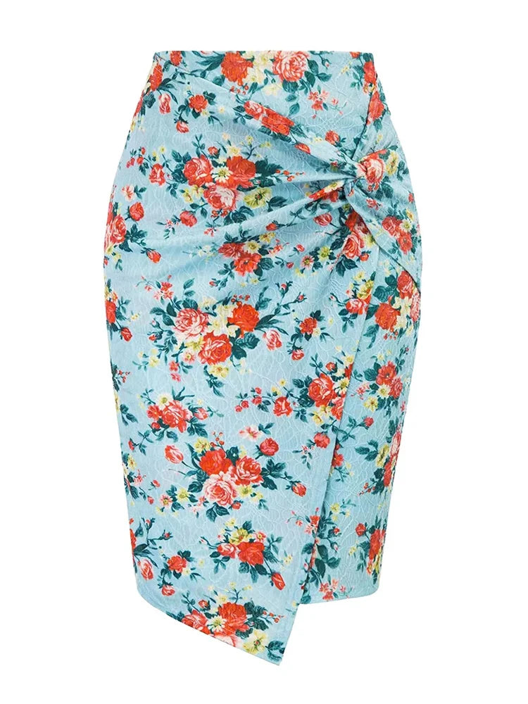 Floral patterned skirt on a light blue background