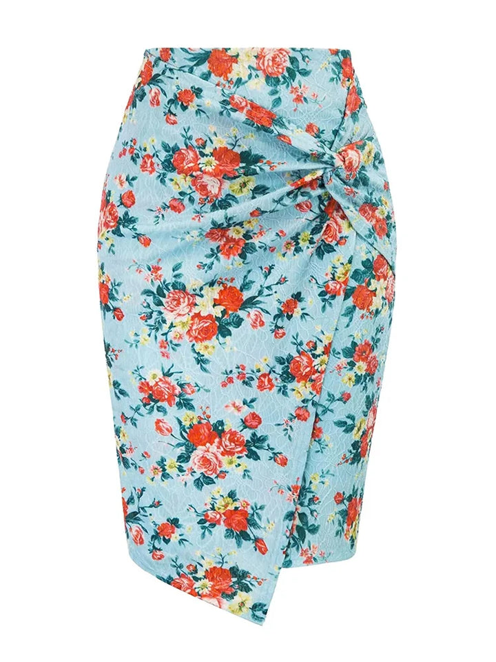 Floral patterned skirt on a light blue background