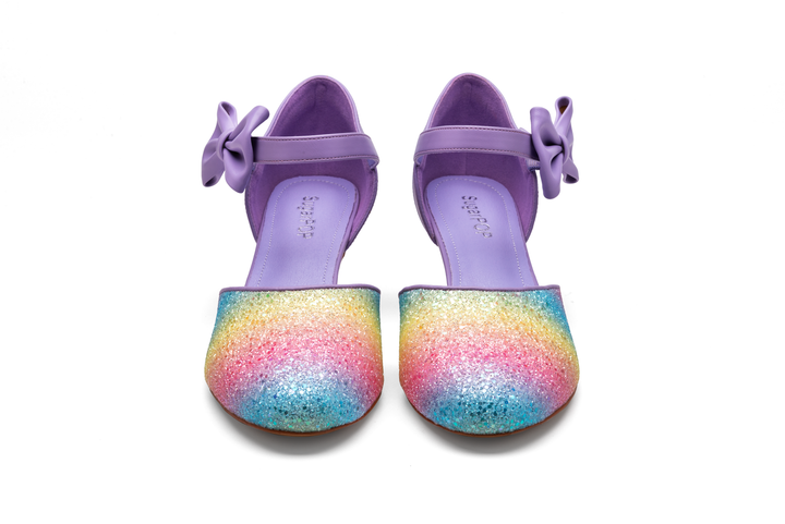 SugarPOP Pasarela colorful shoes with sparkly gradient design and purple strap, perfect for stylish outfits.