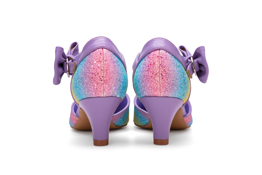 Back view of SugarPOP Pasarela shoes with a colorful glitter design and lavender accents.