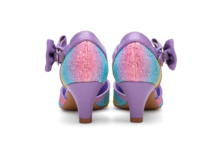 Back view of SugarPOP Pasarela shoes with a colorful glitter design and lavender accents.