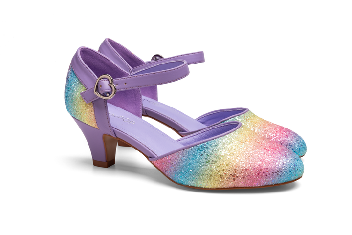 SugarPOP Pasarela colorful glitter design shoes with purple accents and mid heels.