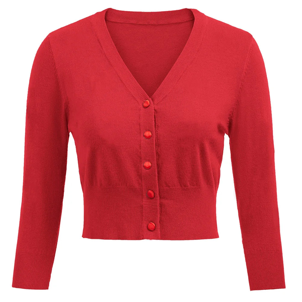Women's Knit Cardigan – Cropped 3/4 Sleeve V-Neck Button Up