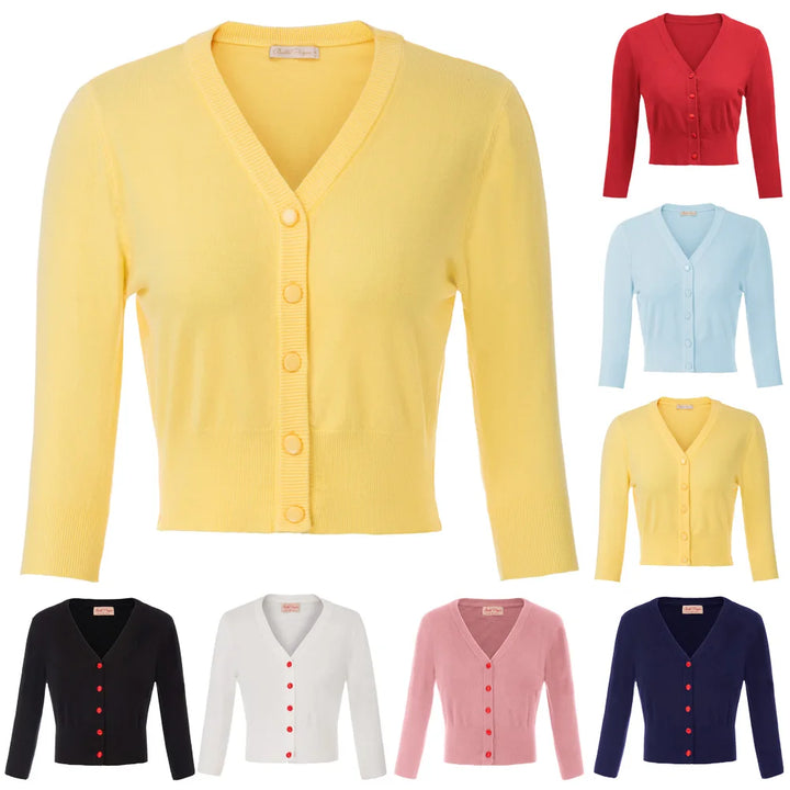 Women's Knit Cardigan – Cropped 3/4 Sleeve V-Neck Button Up