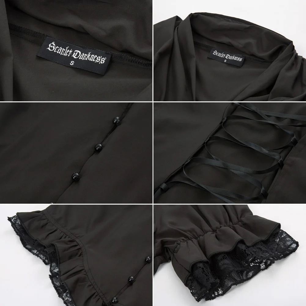 Black blouse with lace details and 'Scarlet Darkness' label on a white background