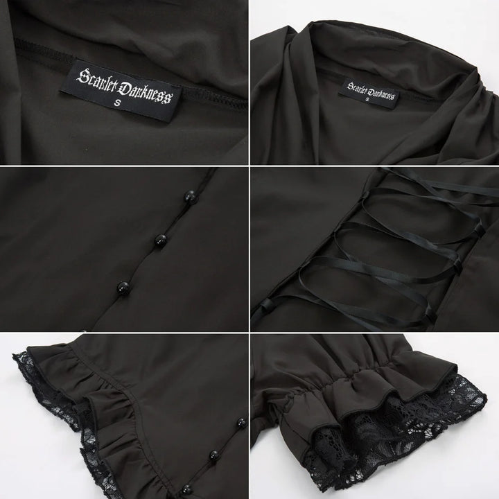 Black blouse with lace details and 'Scarlet Darkness' label on a white background
