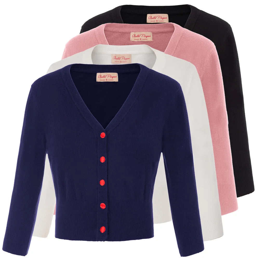 Women's Knit Cardigan – Cropped 3/4 Sleeve V-Neck Button Up