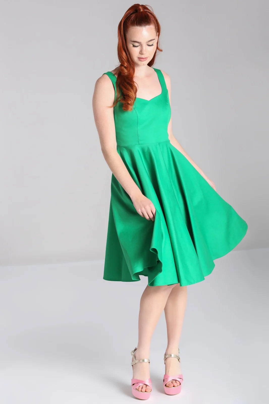 Hell Bunny Heidi Green Cotton Satin 50s Midi Dress