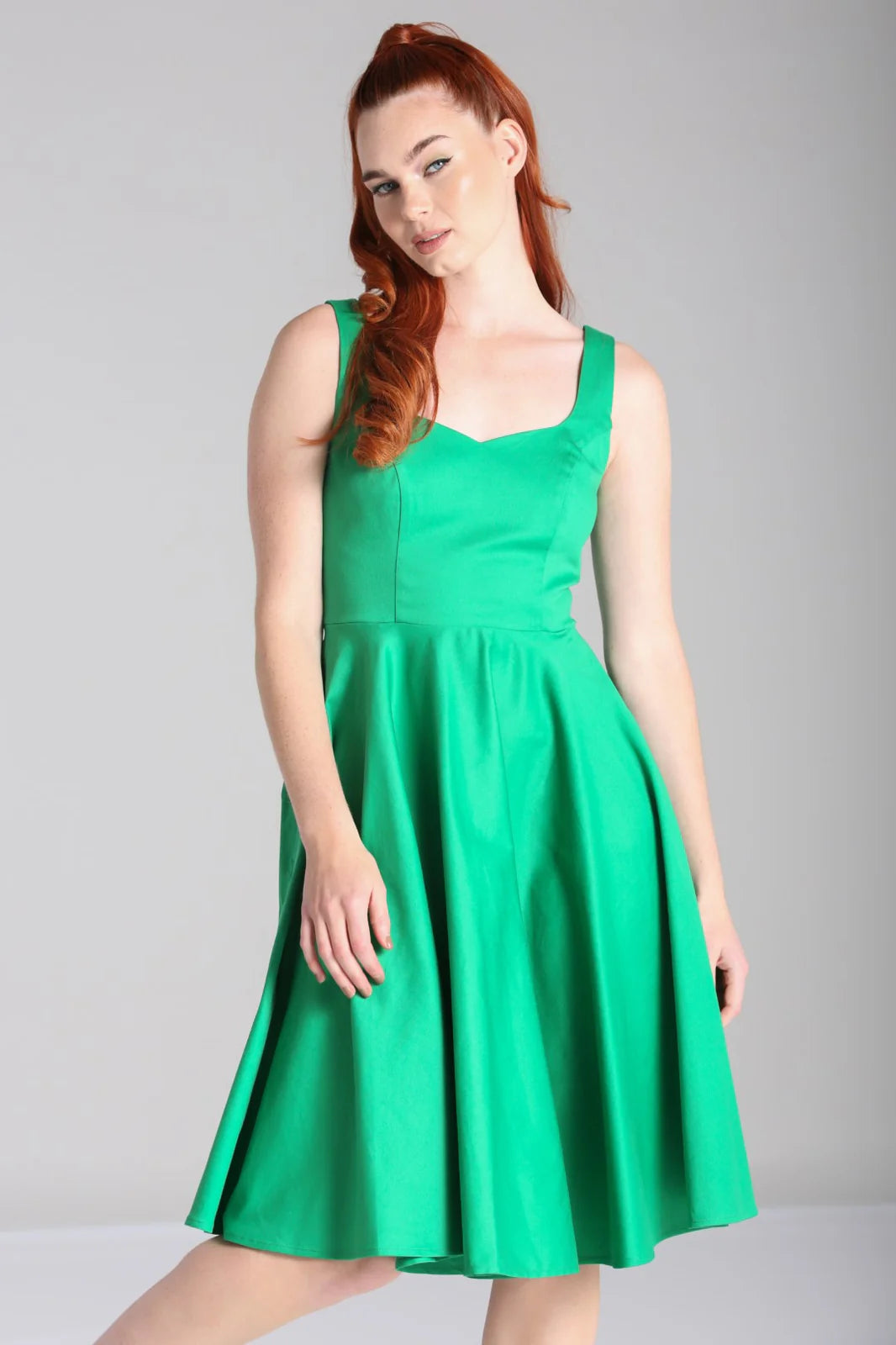 Hell Bunny Heidi Green Cotton Satin 50s Midi Dress