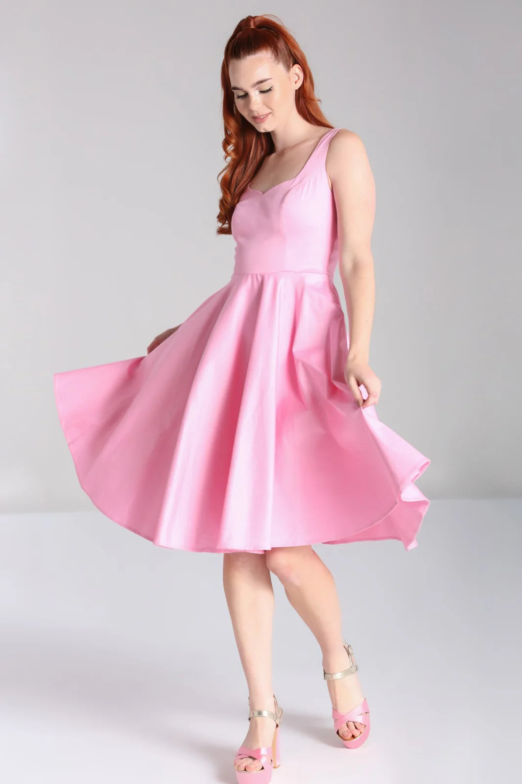 Hell Bunny Heidi Pink Cotton Satin 50s Midi Dress