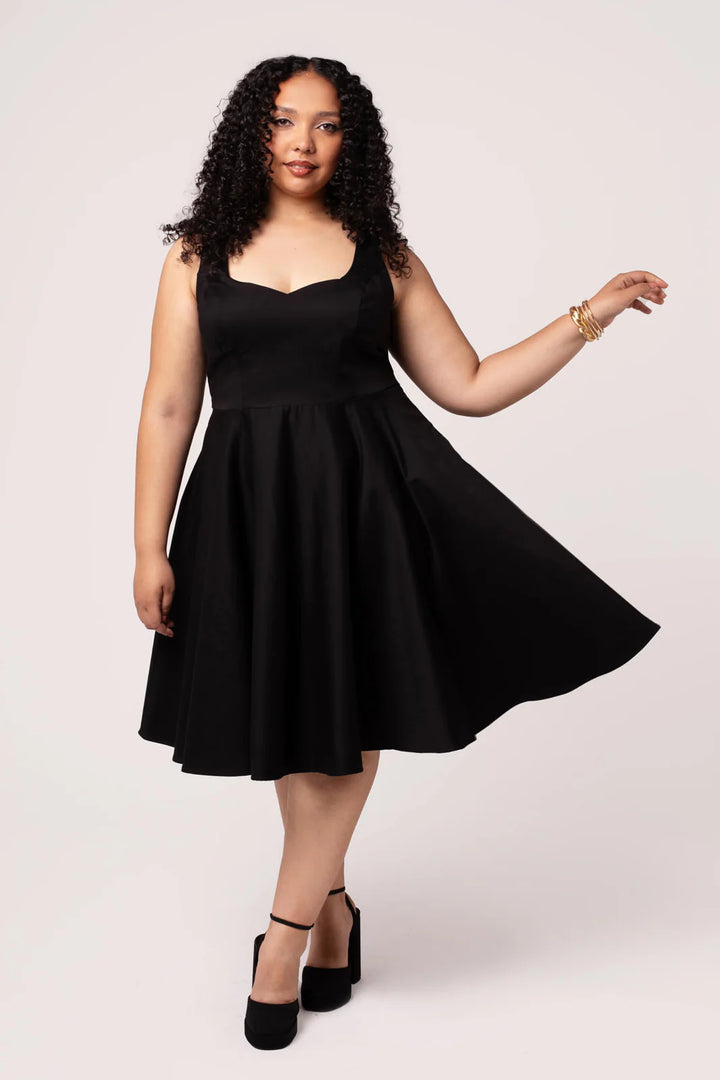 Hell Bunny Heidi Black Cotton Satin 50s Midi Dress
