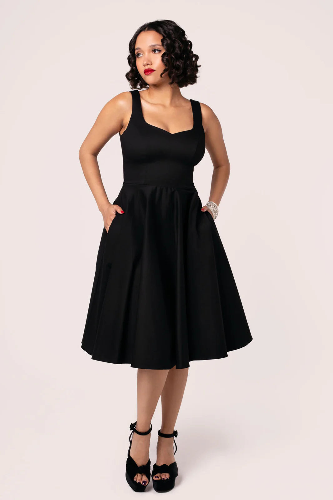 Hell Bunny Heidi Black Cotton Satin 50s Midi Dress