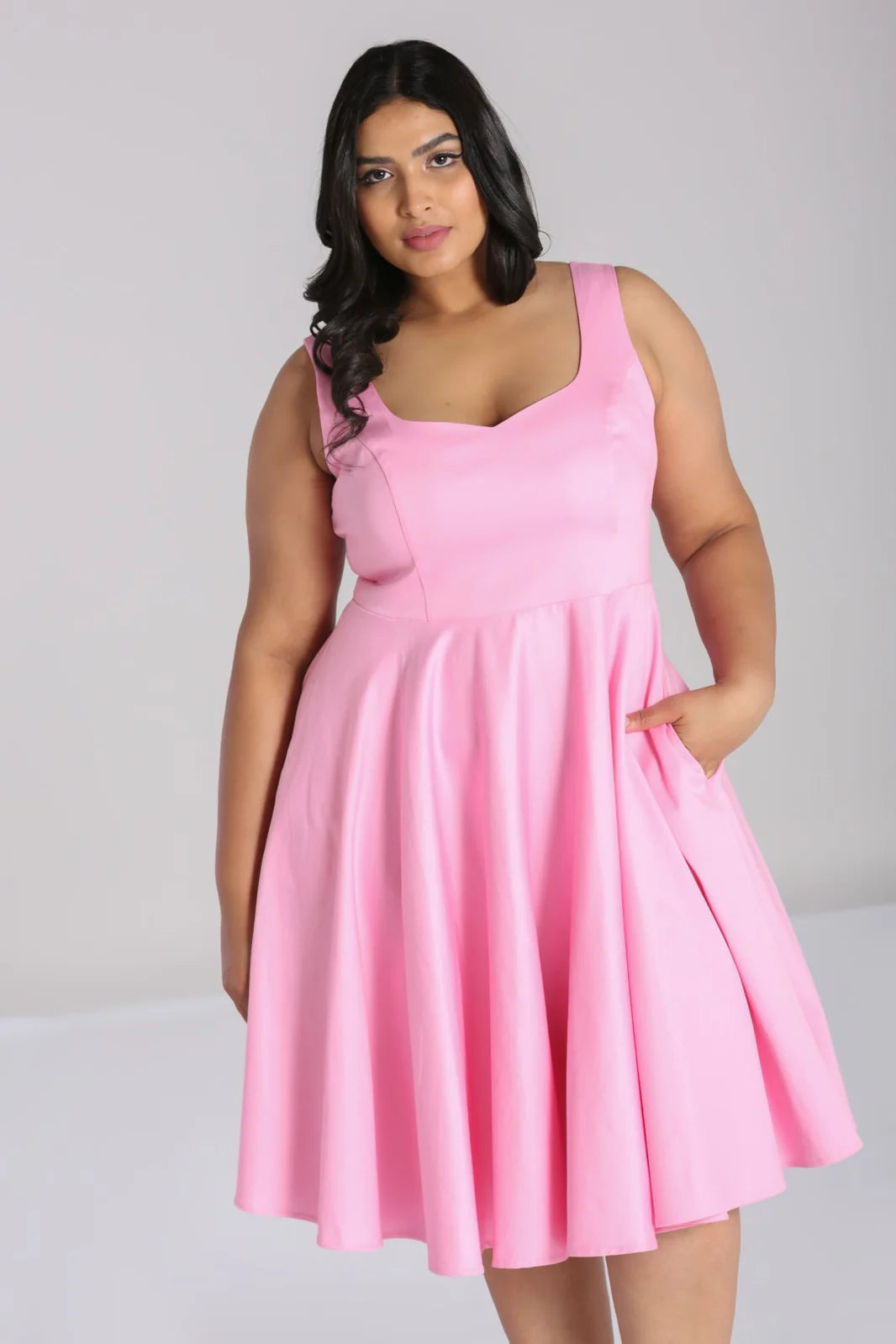 Hell Bunny Heidi Pink Cotton Satin 50s Midi Dress