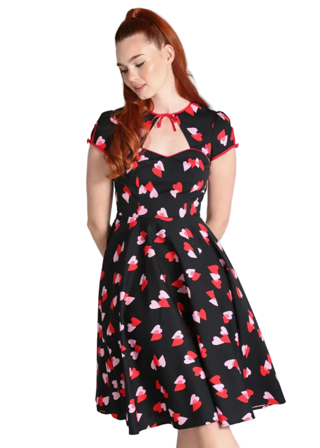 Hell Bunny Confetti black heart print 1950s swing dress with red pink hearts vintage style