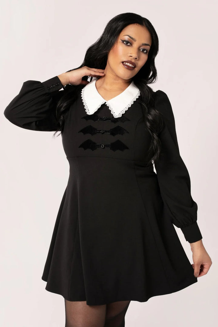 Hell Bunny Batilda Dress – Black Gothic Collar Mini Dress