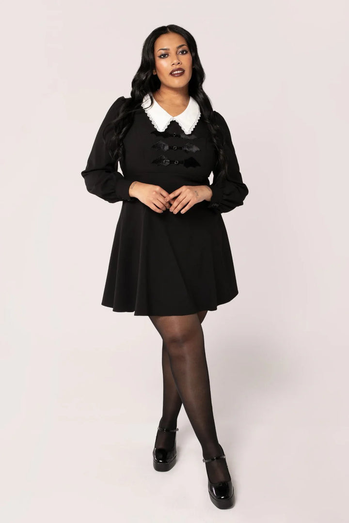 Hell Bunny Batilda Dress – Black Gothic Collar Mini Dress