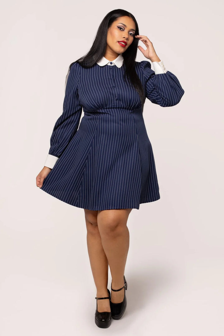 Hell Bunny Costello Mini Dress – Navy Pinstripe Collared Dress