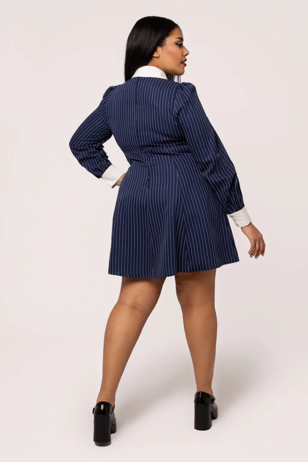 Hell Bunny Costello Mini Dress – Navy Pinstripe Collared Dress