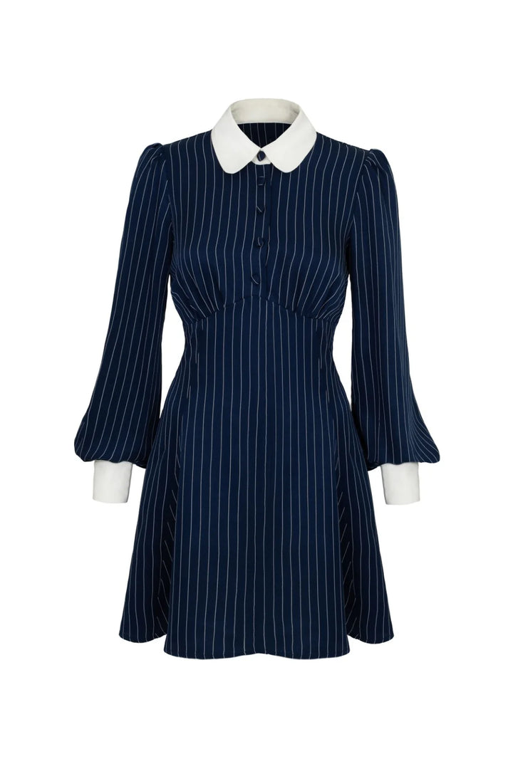 Hell Bunny Costello Mini Dress – Navy Pinstripe Collared Dress